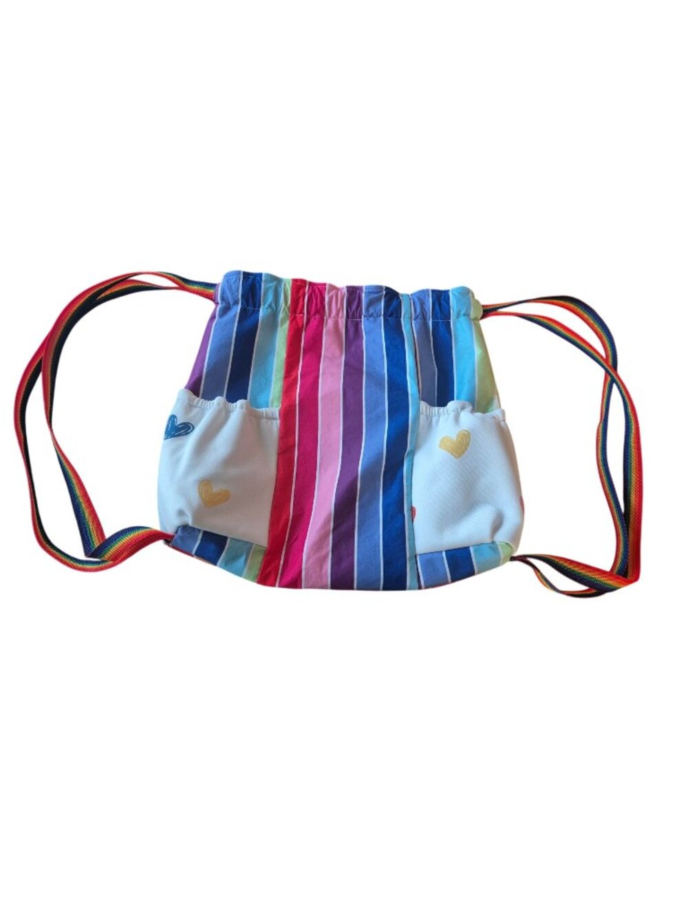 Rainbow Stripe Drawstring Bag With Heart Print Dual Pockets